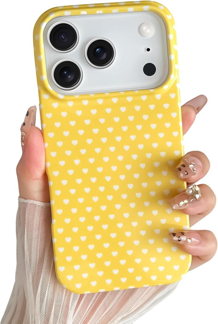 Skyseaco for iPhone 17 Pro Case Cute Heart Phone Case Soft Slim TPU Shockproof Phone Cover for Women Girls - Yellow and White