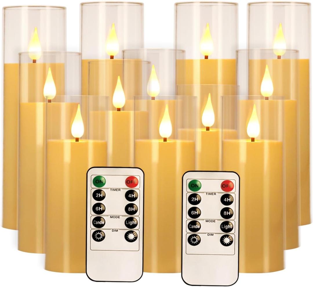 Fclayvts 14 Packs of Acrylic LED Candles, Flickering Flameless Candles Battery Operated with Remote Dimmed and Timed, 3D Wick Candles for Home Decor,Wedding,Gift，Parties and Festivals. (3 Size)
