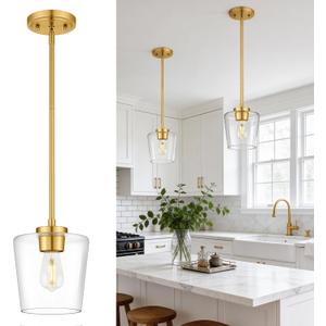 Pendant Lights Kitchen Island, 8" Brushed Gold Hanging Light Fixtures with Clear Glass Shade, Modern Kitchen Pendant Lighting Over Island for Dining Room, AD-22004-1PL-GD-C