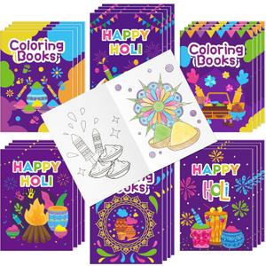 Holi Coloring Books for Kids 24Pcs Bulk Happy Holi Mini Coloring Booklet DIY Art Drawing Book for Toddlers Indian Festival Holiday Party Goodie Bags Stuffers Sunday School Classroom Favor