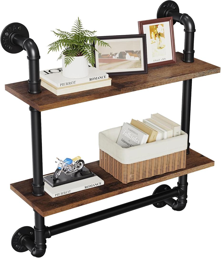 Merapi 24" Industrial Floating Shelves with Tower Bar, Pipe Shelves for Wall, 2 Tier Rustic Wood Wall Shelves for Home Dcor, Bedroom, Living Room, Bathroom
