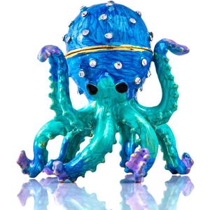 YU FENG 2.5'' Hand-painted Enamel Octopus Jewelry Trinket Box Hinged Jewelry Organizer with Crystals Ring Earring Storage Box Blue Sea Animal Figurine Keepsake Collectible