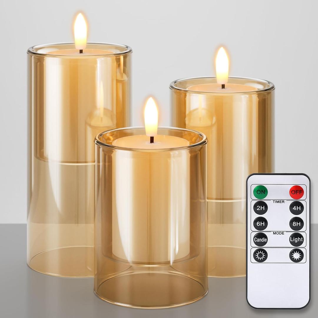 NURADA Flameless Candles with Remote Timer - Glass Real Wax 3D Wick LED Pillar Votive Candle Set Battery Operated Flickering Light for Home Christmas Decoration - Gold 3 Pack (4" x 5" x 6")