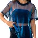 OYOANGLE Women's See Through Top Metallic Mesh Sheer Short Sleeve Rave T-Shirt (Large, Blue)