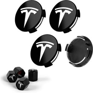 4 PCS Car Wheel Center Cap for Tesla Model Y & Model 3, Car Hubcaps with Logo Emblem and 4 Valve Stem Caps, 2.2 in ABS Wheel Rim Cover Accessories for Tesla 18"/19" Wheel, Black & Silver