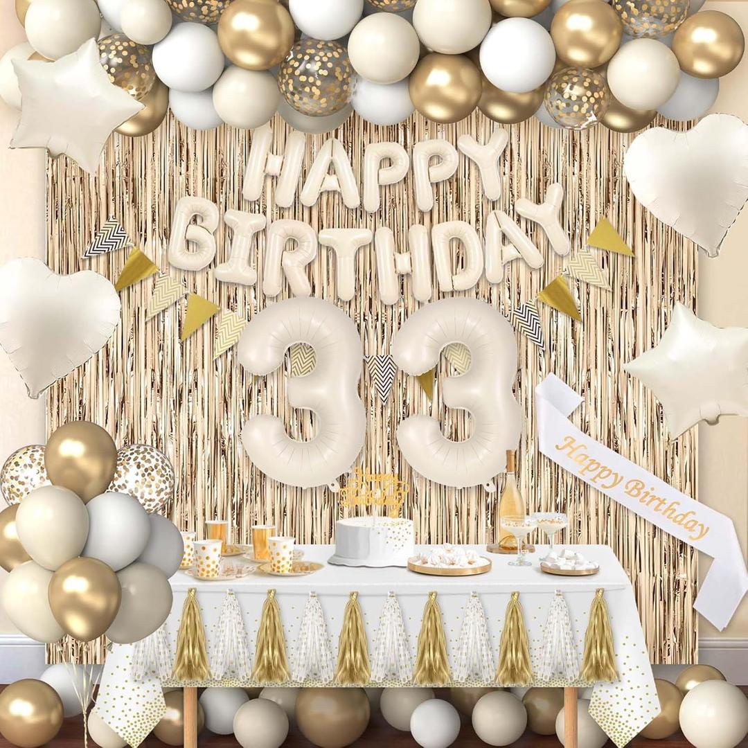 33rd Birthday Decorations for Women, White and Gold 33 Boho Birthday Party Supplies Includes Number Balloons, Banner, Fringe Curtain, Cake Topper