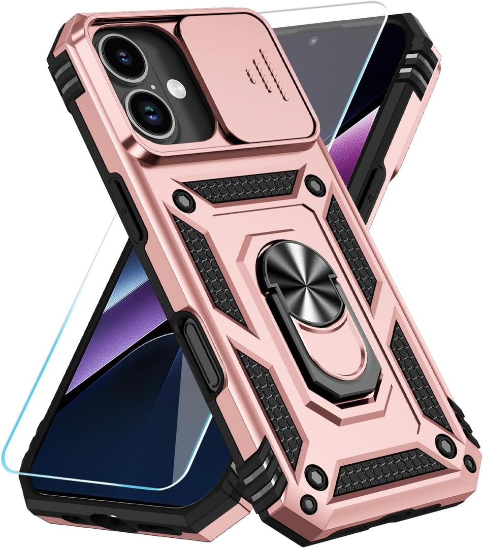 SunStory Phone Case for iPhone 17 Case with HD Screen Protector & Slide Camera Cover & Rotated Ring Kickstand, [Military-Grade] Phone Case for iPhone 17, Rose Gold
