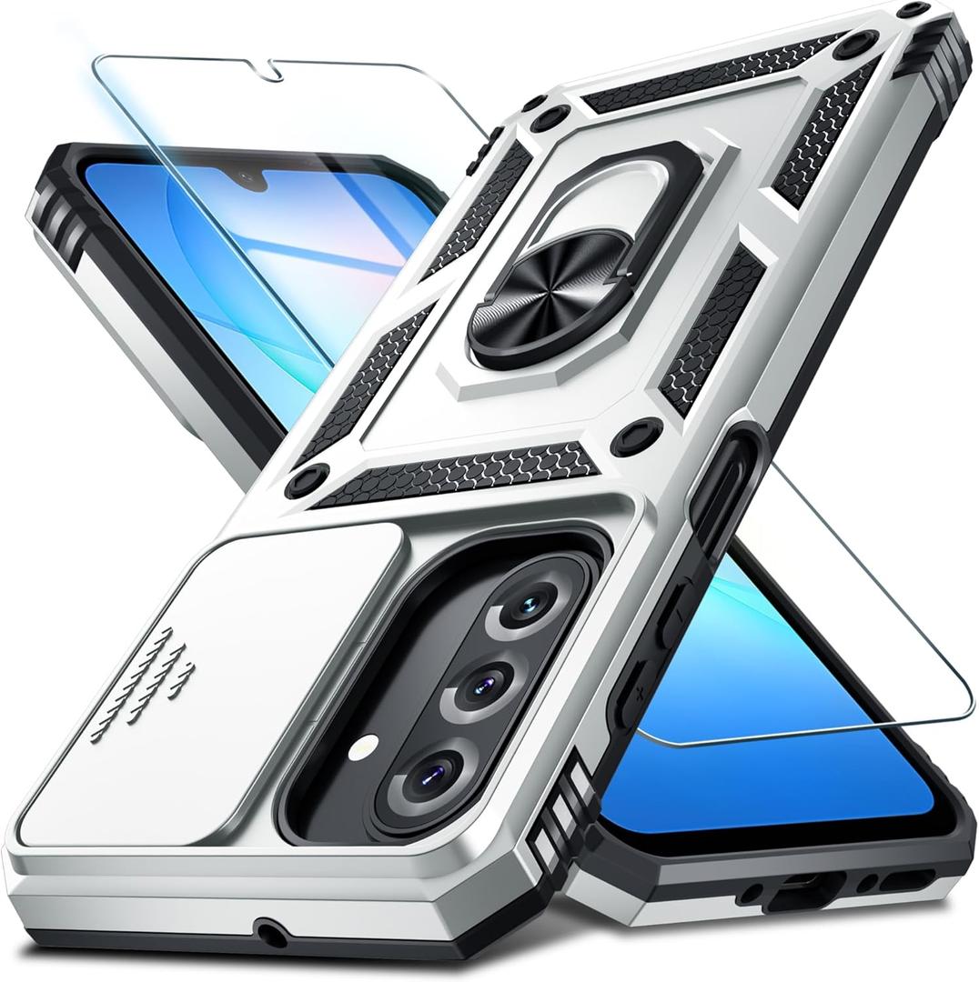 Janmitta Compatible with Samsung Galaxy A17 5G Case Built in Slide Camera Lens Cover+Screen Protector+Finger Ring Holder Kickstand,Heavy Duty Shockproof Full Body Phone Cover,Silver
