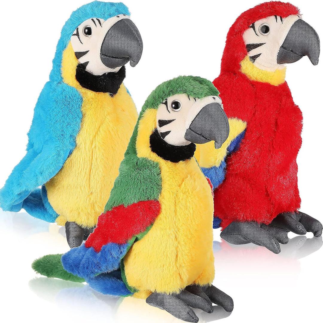 Jexine 3 Pcs Macaw Parrot Plush Stuffed Animal Operation Christmas Bird Stuffed Animal Blue Red Parrot for Gifts Doll, 9.8 Inch