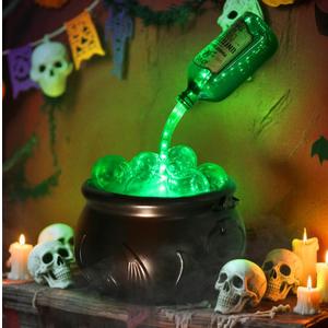 LED Color Changing Water Flow Halloween Cauldron Light with Witches Magic Floating Potion Bottles Indoor Effect Spooky Decoration for Home Table, Room, Party (Black)