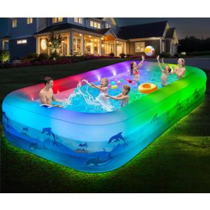 Extra Large Inflatable Pool with Lights - 145" x 74" x 22" Swimming Pool for Adults with Solar Powered, Blow Up Pool for Backyard (Air Pump Not Included)