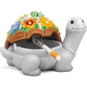 LESES Ashtray, Outdoor Ashtray with Lid Smokeless Waterproof Ash Tray with Cute Turtle Decor, Resin Ashtrays for Cigarettes Home Office, Porch Patio Decorations Indoor