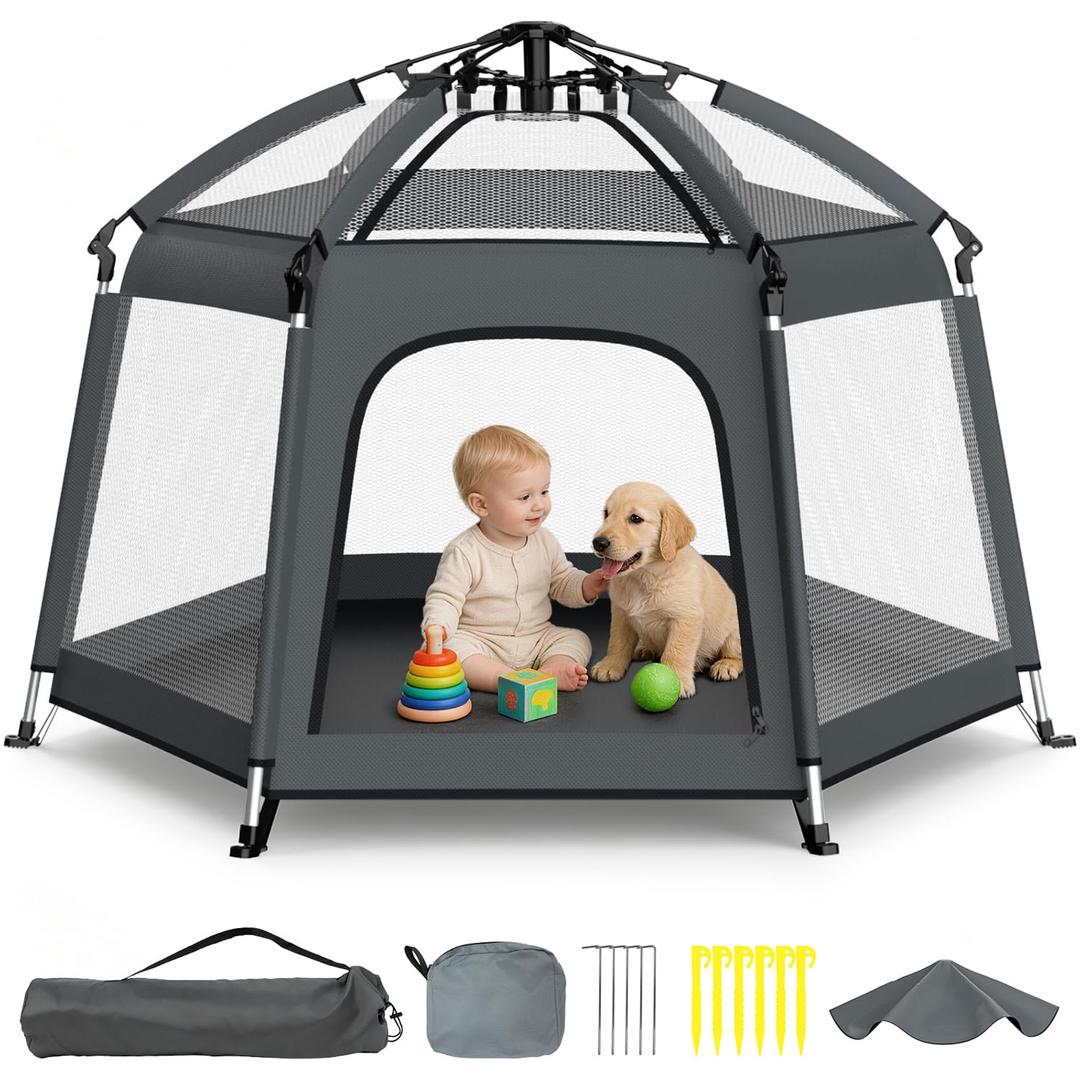 Foldable Baby Playpen with Canopy: Durable 450D Oxford & Aluminum, Gray | Pop-Up Play Tent, Easy Setup, UPF50 Sun Protection, Lightweight, Mosquito Net, for Beach Travel Outside Indoor, for Kid & Pet