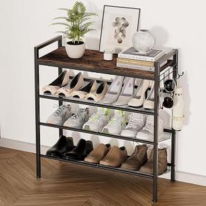4 Tier Shoe Rack, Shoe Rack for Front Door Entrance with Hook, Shoe Organizer with Adjustable Mesh Shelves, Metal Shoe Rack for Entryway, Closet, Bedroom Living Room Garage