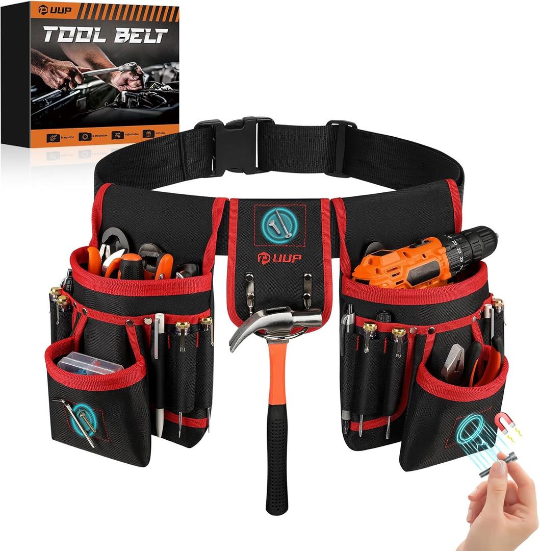 Magnetic Tool Belt for Men, 26 Pockets Heavy Duty Tool Pouch, Magnet Holster Nail Utility Toolbelt Detachable Adjustable Waist Holder for Handyman Contractor Mechanic Plumber Roofer Dad Gift - Red