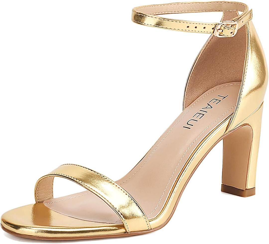Heels for Women Round Toe Heeled Sandals Chunky High Heels with Ankle Strap Heels for Women Dressy Block Heels (7, Aa-gold Heels)