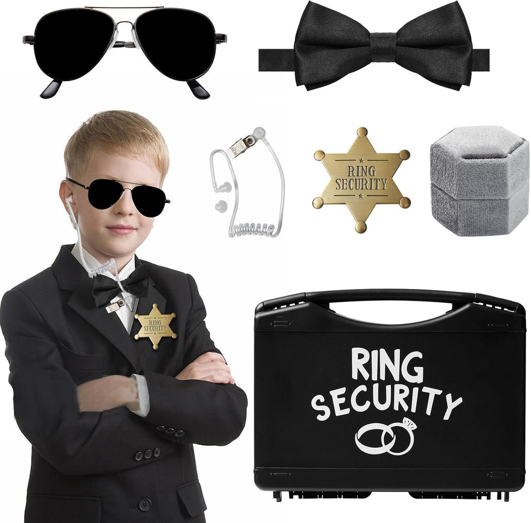 Ring Bearer Security Wedding Gifts Box Set, Include 1Pcs Sunglasses, Acoustic Earpiece Tube, Security Badge, Wedding Ring Box, Bow Tie for Kids