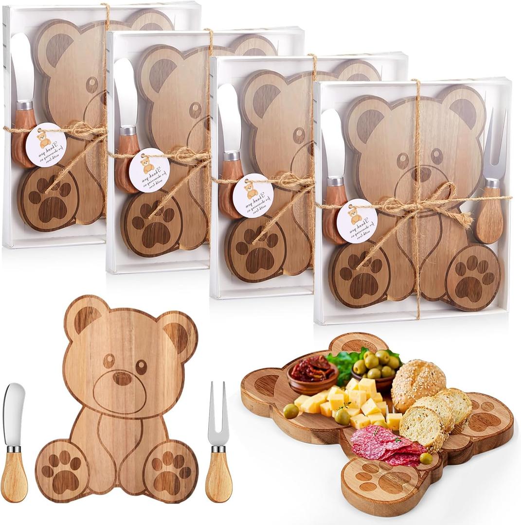 4 Set Baby Shower Prizes Bear Shaped Cheese Board with Cheese Knives and Forks Baby Shower Party Favors Gift Box for Wedding Bridal Birthday Gender Reveal Favor (Acacia Color)