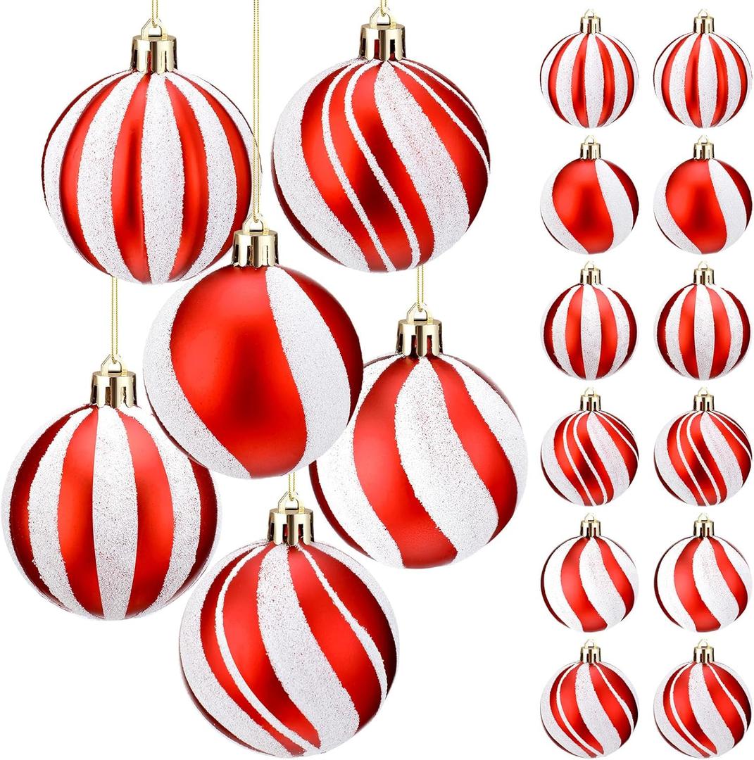 Liliful 12 Pcs 2.4 Inch Christmas Ball Ornaments Glittering Plastic Hanging Decorations Elf Balls Swirl Candy Cane Peppermint Christmas Tree Pendants for Xmas Tree Decoration (Red and White)