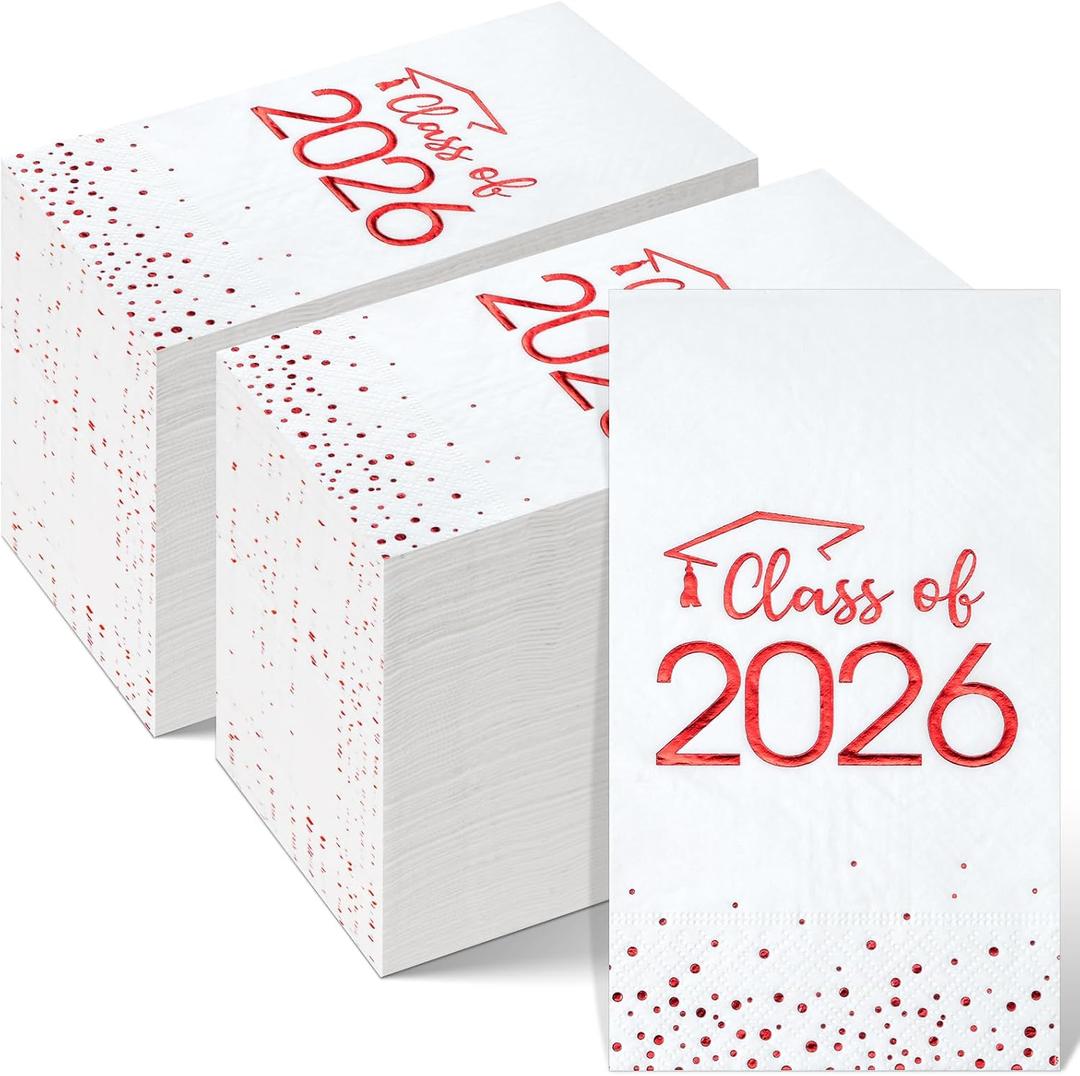 200pcs Class of 2026 Graduation Napkins, Disposable Congrats Grad Cocktail Napkins Foil Dot Paper Hand Towels for 2026 High School University College Graduation Party Decorations (Red)