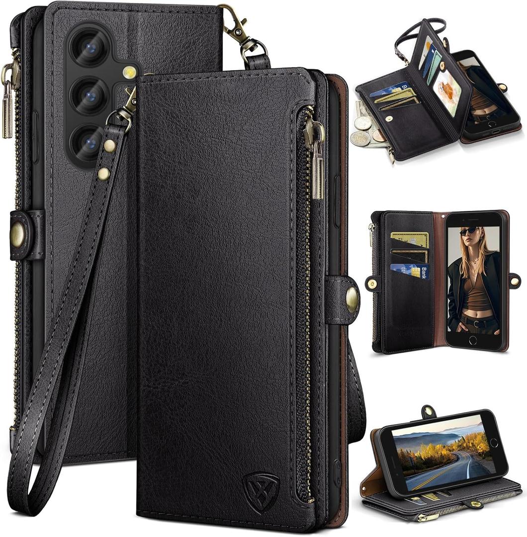 XcaseBar Compatible with Samsung Galaxy S24 5G Wallet case with Zipper Credit Card HolderRFID Blocking,Flip Folio Book PU Leather Phone case Shockproof Cover Men Women for Samsung S24 case Black