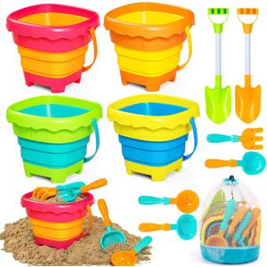 Shemira Collapsible Beach Sand Toys for Kids Toddlers, Collapsible Sand Bucket and Sifter Shovels Set with Mesh Bag, Travel Beach Sandbox Toys for Boys Girls 3 4 5 6 7 8 9 10, Beach Essentials