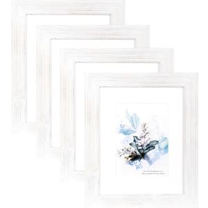 KAIWIN 100% Solid Wood White 8x10 Picture Frame 4 Pack - Display Picture 5x7 with Mat, HD Plexiglass Inside,Rustic Wooden Photo Frames for Table Top and Wall Mounting