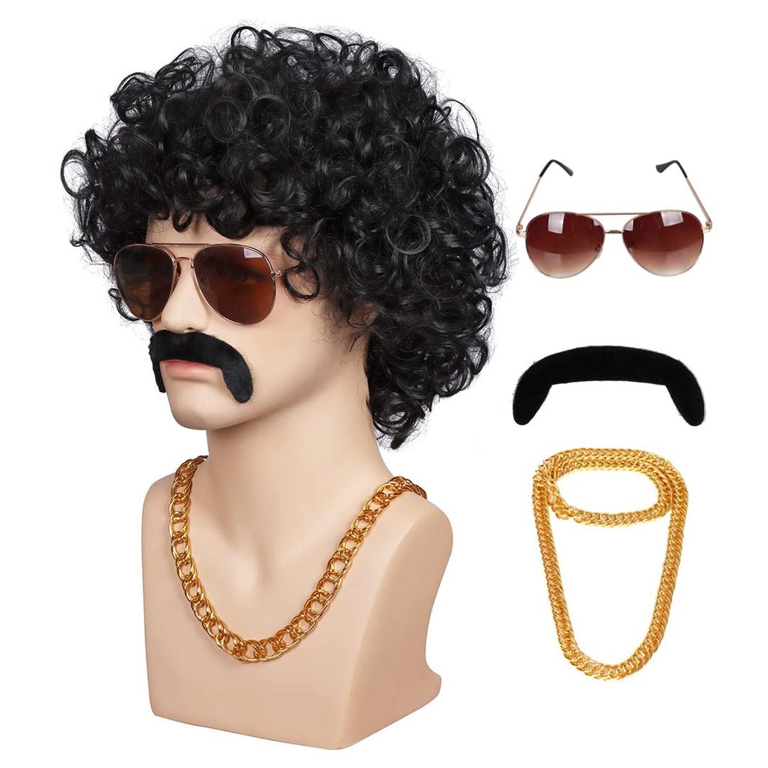 ColorGround 3-Pieces Chain and Moustache and Short Curly Wig for 70'S Disco Party (Black (4 pieces set))