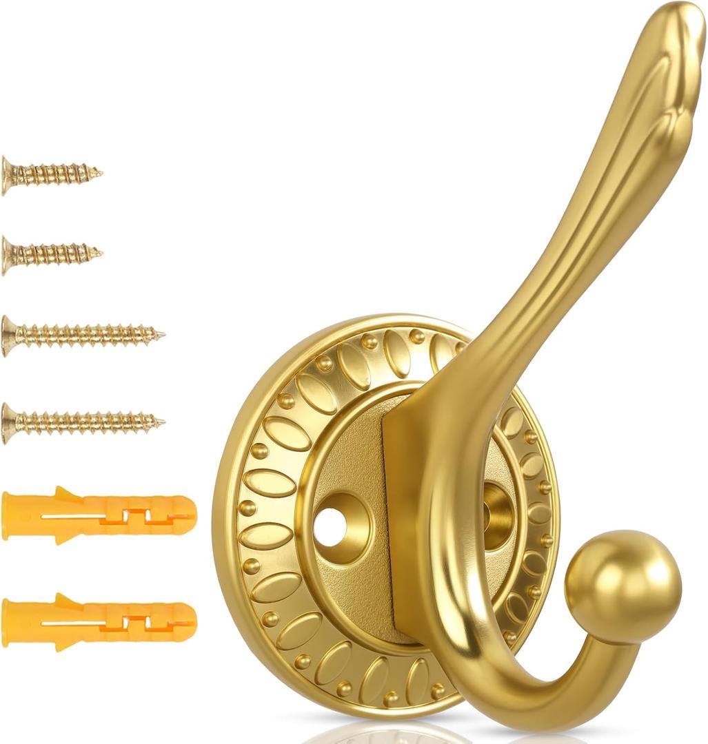 Brushed Gold Heavy Duty Wall Hooks 6 Pack Rustic Coat Hooks for Hanging Coats,Robes,Bags,Hats,Wall Mounted with Includes Two Types of Installation Screws YDLSJ