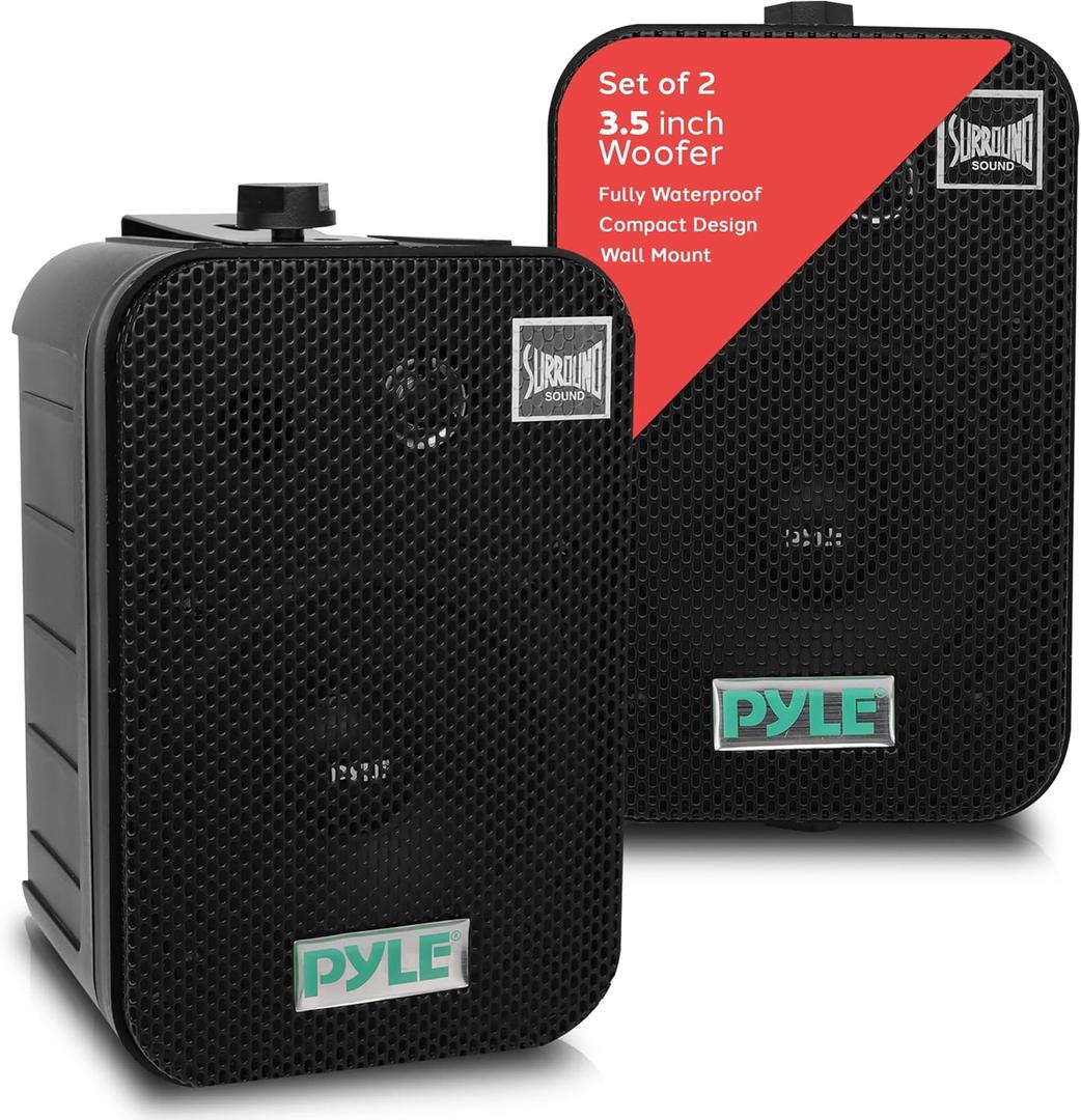 Pyle - Outdoor Speaker System Wired (Pair), Marine Grade 2 Way 300W Peak Power, 3.5" Woofer and 1" Tweeter, Universal Mount For Wall or Ceiling, Use in Pool, Patio, Boat, Deck or Home Theater (Black)