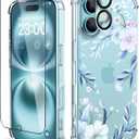 ilnehc for iPhone 16 Plus Case, [3 in 1] with Screen Protector & Camera Lens Protector, Flower Pattern Design, Clear Soft Shockproof Slim Floral Phone Cover for Women Girls 2024 6.7" (Hibiscus)