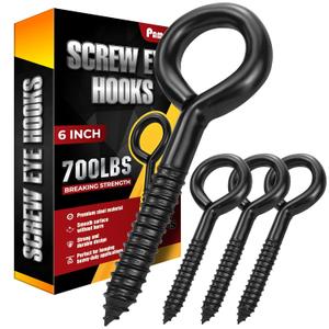 6 Inch Heavy Duty Black Screw Eyes Hooks, 700LBS Breaking Strength, 4PCS Self Tapping Eyelet Screw Eye Bolts, Screw in Eye Hooks for Wood Securing Cables Wire, Heavy Indoor & Outdoor Uses