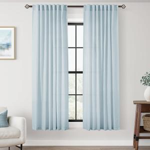 Sky Blue Curtains 63 inch Length for Bedroom Back Tab Light Filtering Semi Sheer Blue Living Room Curtains Linen Cotton Textured Drapery Panel Aesthetic Decor Light Blue 52x63