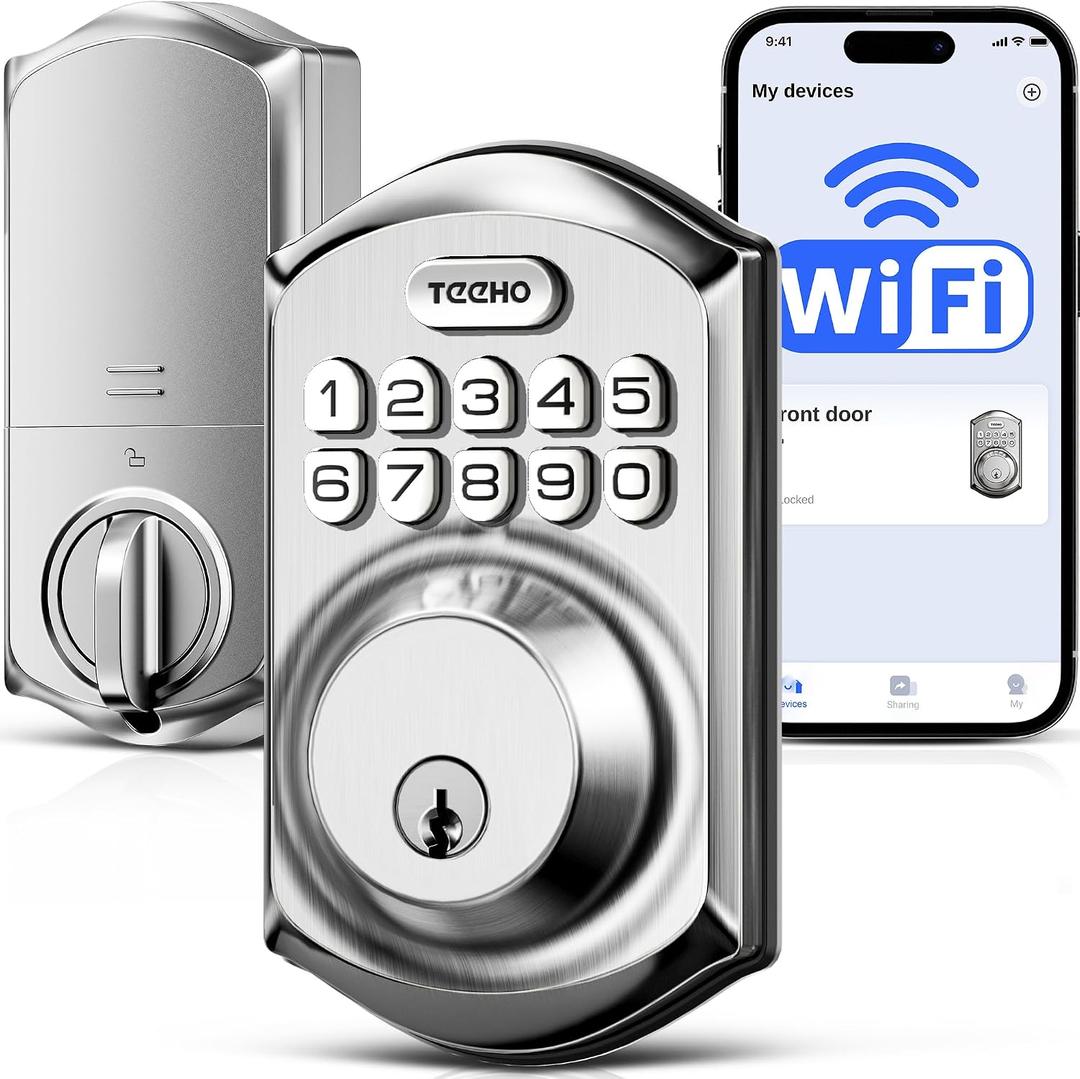TEEHO TE011W Wi-Fi Keyless Entry Door Lock with Keypad - Smart Deadbolt Lock for Front Door with 2 Keys - Remote Control, Compatible with Alexa & Google, APP Unlock - Easy Installation - Satin Nickel