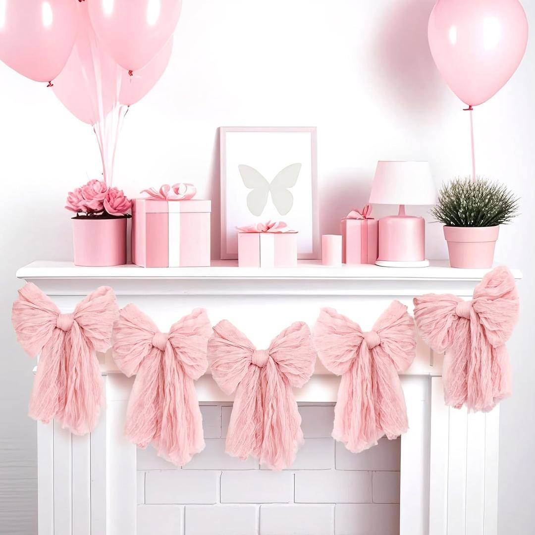 Large Pink Bow Garland Banners for Coquette Birthday Party Decorations-Bow Themed Birthday Decor for Baby Shower Bridal Shower Bachelorette Party Wedding Favors Supplies (Pink)