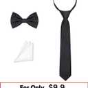 Boys Black Tie 8-10 Years Kids Black Necktie Tie Adjustable Pre-tied Zipper Tie, Bowtie and Pocket Square 3-piece For Wedding School Graduation Corbatas Para Nios