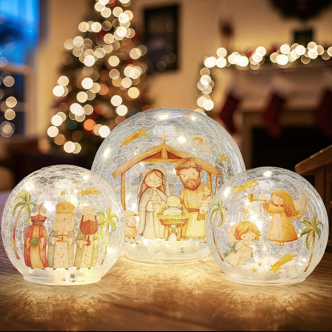 3 Pack Nativity Crackle Glass Ball with LED Lights Glow Nativity Table Decorations Indoor Globes Lamp with Jesus Manger Three Wise Men Angel for The Birth of Jesus Table Centerpiece Home