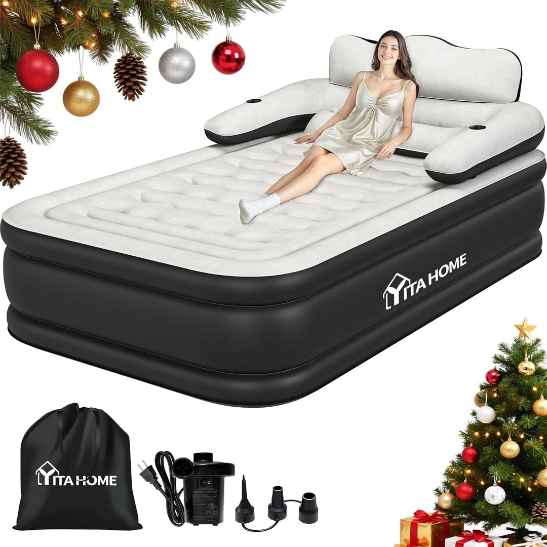 YITAHOME FullXL Size Air Mattress with Headboard and Pump, 18in Blow Up Mattress with Carry Bag, and Nozzles for Home, Camping, and Travel, Black