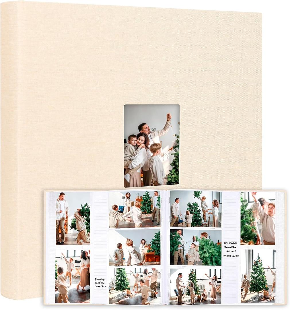 600 Pockets Photo Album 4x6 with Writing Space, Large Capacity 4x6 Photo Album Holds 600 Horizontal and Vertical Photos, Linen Cover Acid Free Pages Photo Book for Family Wedding Baby Pictures, Beige