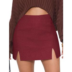 EXLURA Women's Fashion Faux Wool Mini Skirt High Waisted Y2K Trendy Side Slit Tweed Plaid Skirts 2025 Fall Winter Outfits Dark Red, Small