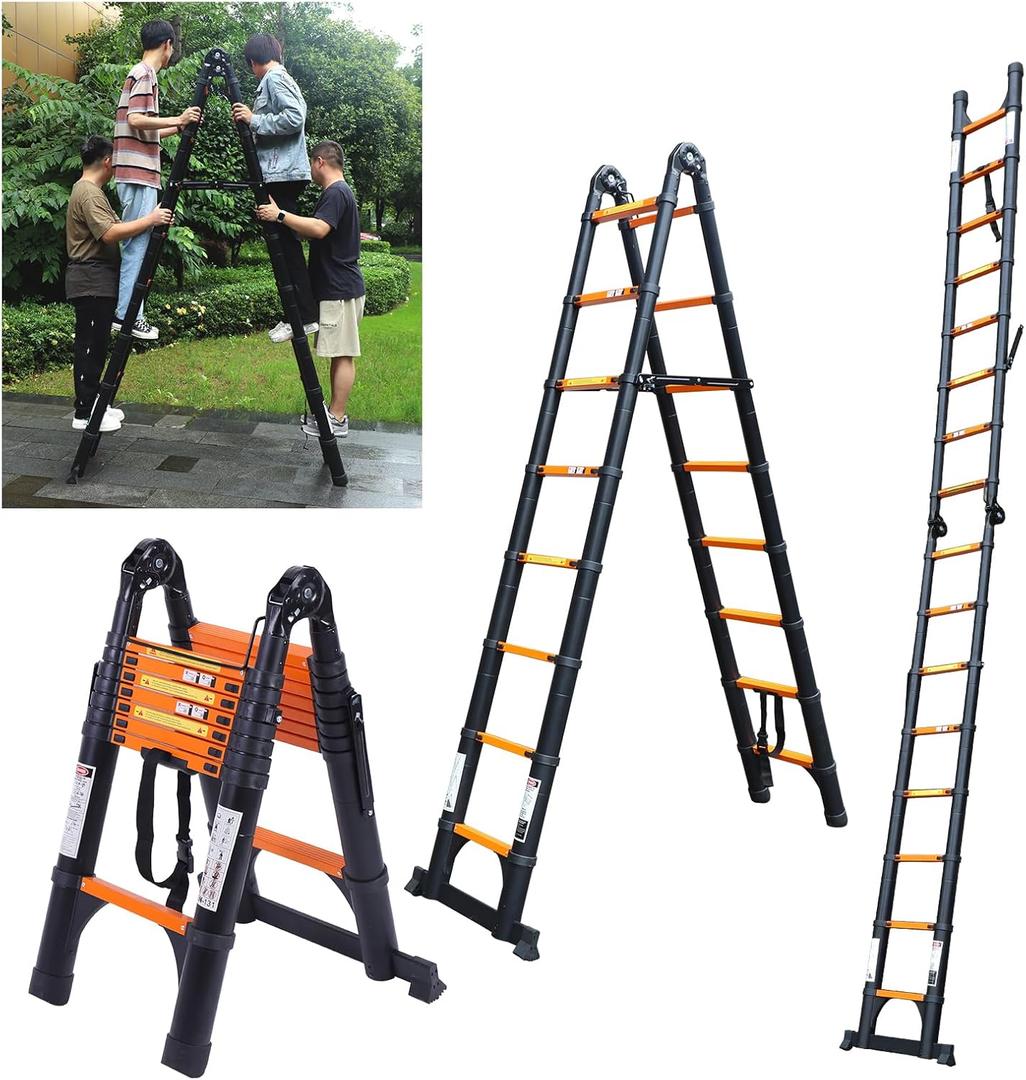 JADDUO Telescoping Ladder A Frame, 16.5 Ft Compact Aluminum Extension Ladder, Portable Telescopic RV Ladder for Outdoor Camper Trips Motorhome with Tool Platform and Stabilizer Bar, 330 lbs Black