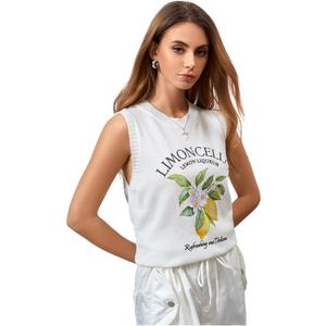 WDIRARA Women's Floral Letter Graphic Sweater Vest Crew Neck Sleeveless Pullovers Tank Tops, (White, M)