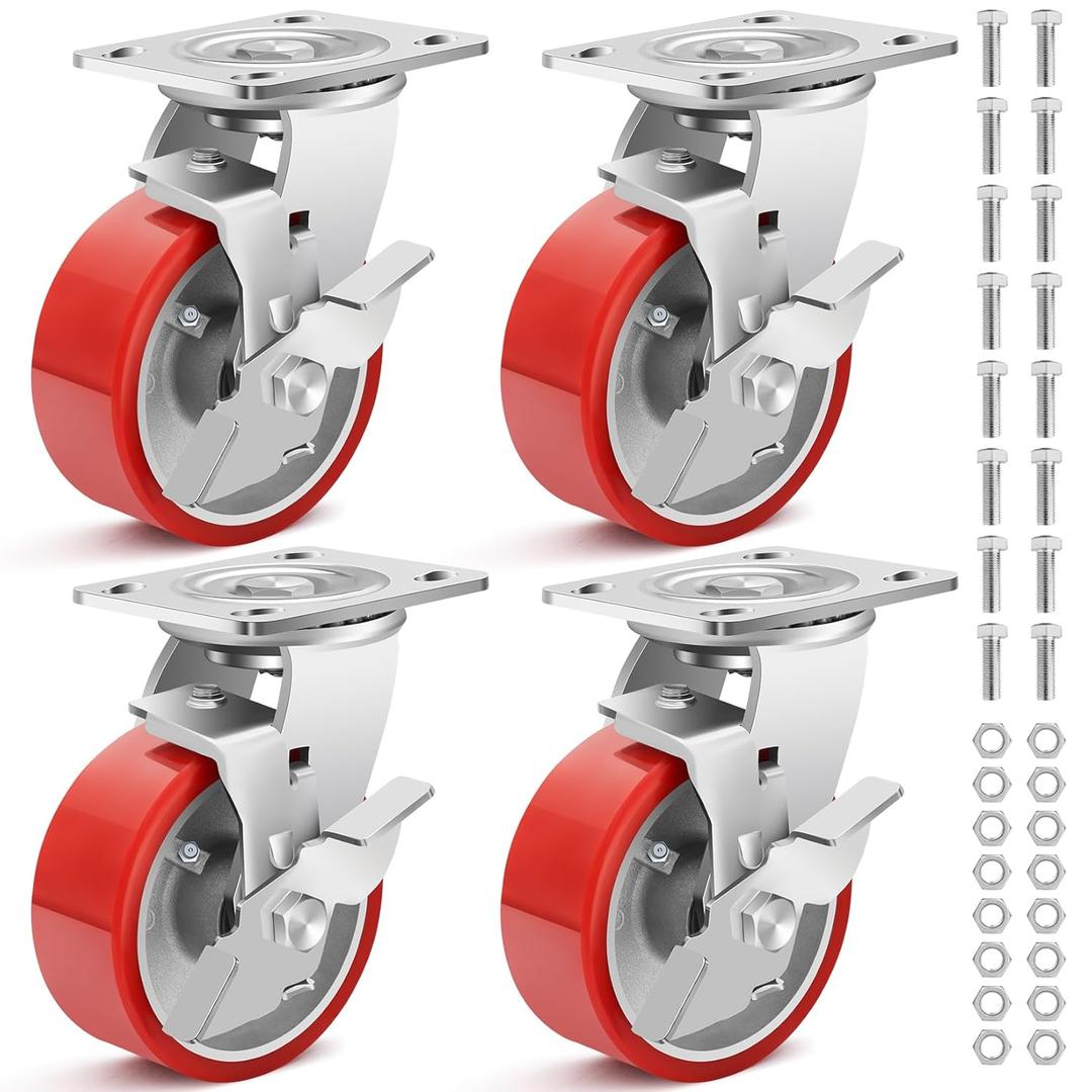 6 Inch Heavy Duty Casters Set of 4, Industrial Locking Casters 6000lbs Load Capacity, Plate Swivel Castor Wheels for Heavy Duty Carts, Workbench, Equipment, Platform Truck (Red)