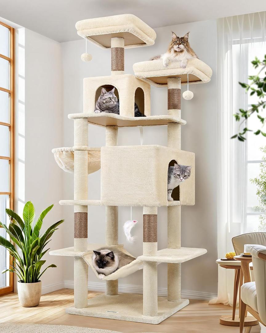 Globlazer Cat Tree Tower, 76-Inch Extra Tall Multi-Level Cat Furniture with Cozy Condos, Hammock and Perches for Adult Cats, Perfect for Climbing, Scratching, and Play, F76, Beige