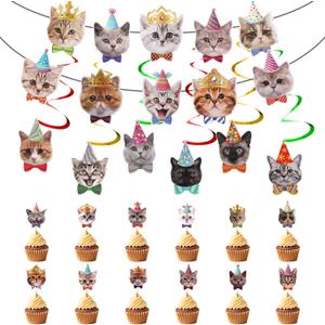 28 Pieces Cat Party Banners Pet Adoption Party Supplies Cat Hanging Cutouts Swirl Decorations Theme Garland Supplies