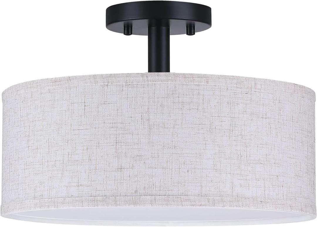 12 Inch Drum Black 3 Light Semi Flush Mount Close to Ceiling Light Fixture,Linen Fabric Shade for Bedroom,Living Room,Dining Room Hallway