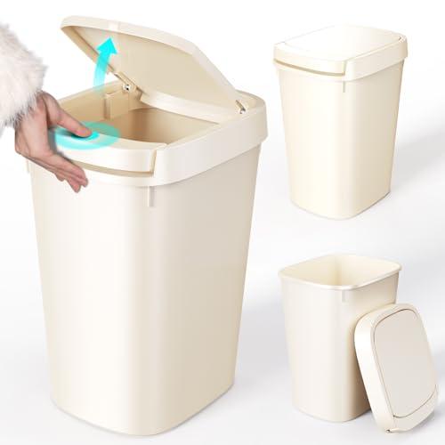 CEROELDA 3 Pack Bathroom Trash Can with Lid, 10L/2.6 Gal Small Garbage Can with Press Top Lid, Slim Plastic Waste Basket for Toilet, Office, Bedroom (Beige)