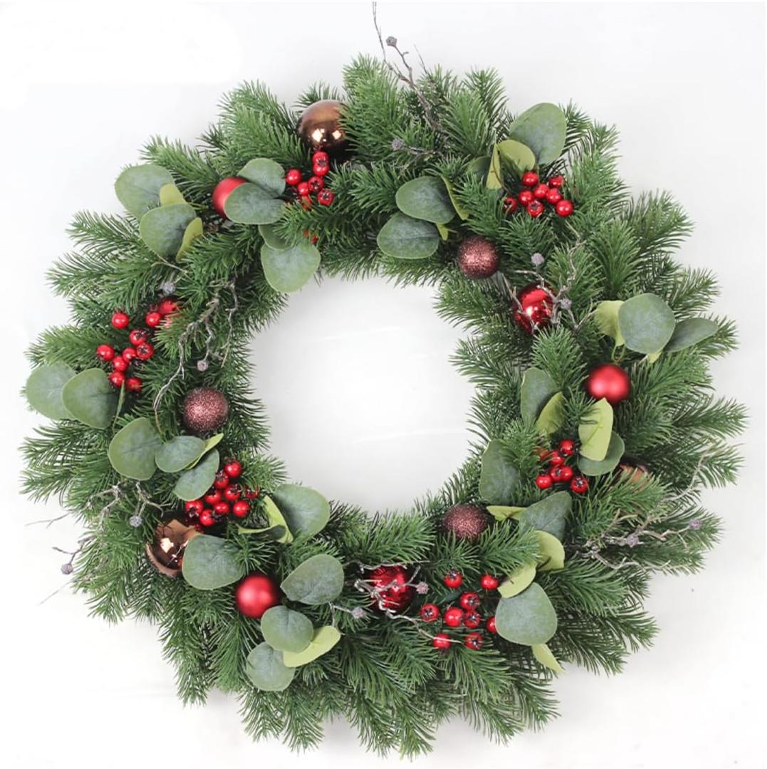 Christmas Wreath for Front Door 24-Inch, Christmas Door Wreath with Red Berries, Green Pine Branches, Eucalyptus Leaves and Ornaments, Winter Wreath Outdoor Christmas Decorations (Red)