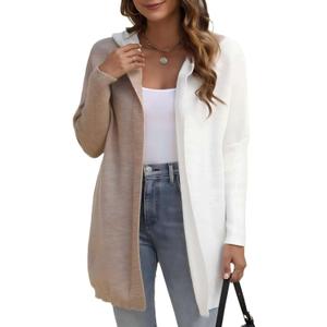 Womens Hooded Long Cardigan Color Block Open Front Knit Cardigan Oversized Lightweight Knit Sweater Outwear (L)