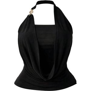 OYOANGLE Women's Plus Size Ring Linked Halter Top Draped Front Ruched Sleeveless Going Out Tops, Black, 3XL